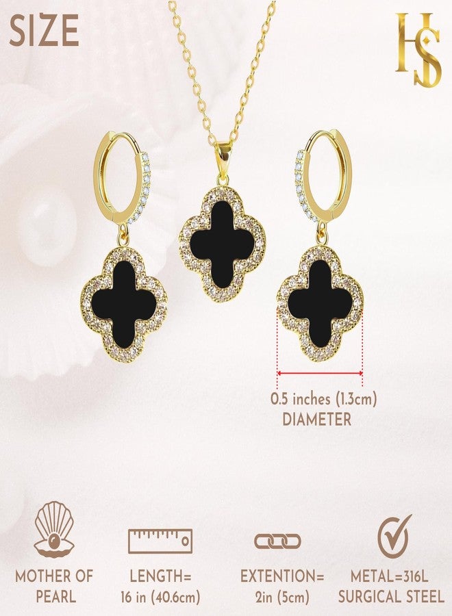HighSpark Studded Clover Necklace with Studded Hoop Earrings for Women | Designer Jewelry Set for Women | Lovely Gift - Black - Image 2